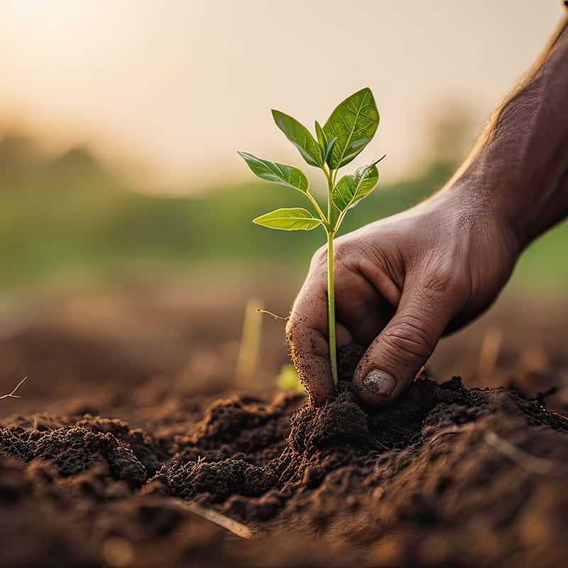 Farmer's Hands Planting Seedling in Regenerative Agriculture Field: Close-Up Shot. Sustainable Farming and Eco-Friendly Agriculture Concept.